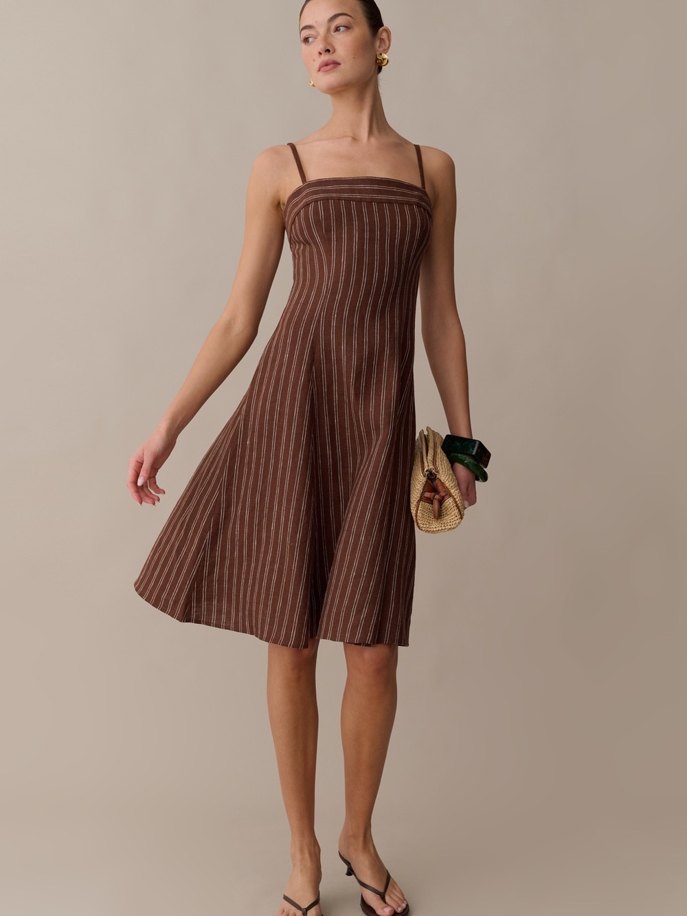Few Moda Gizele Brown Striped Linen Midi Dress Small NWT
